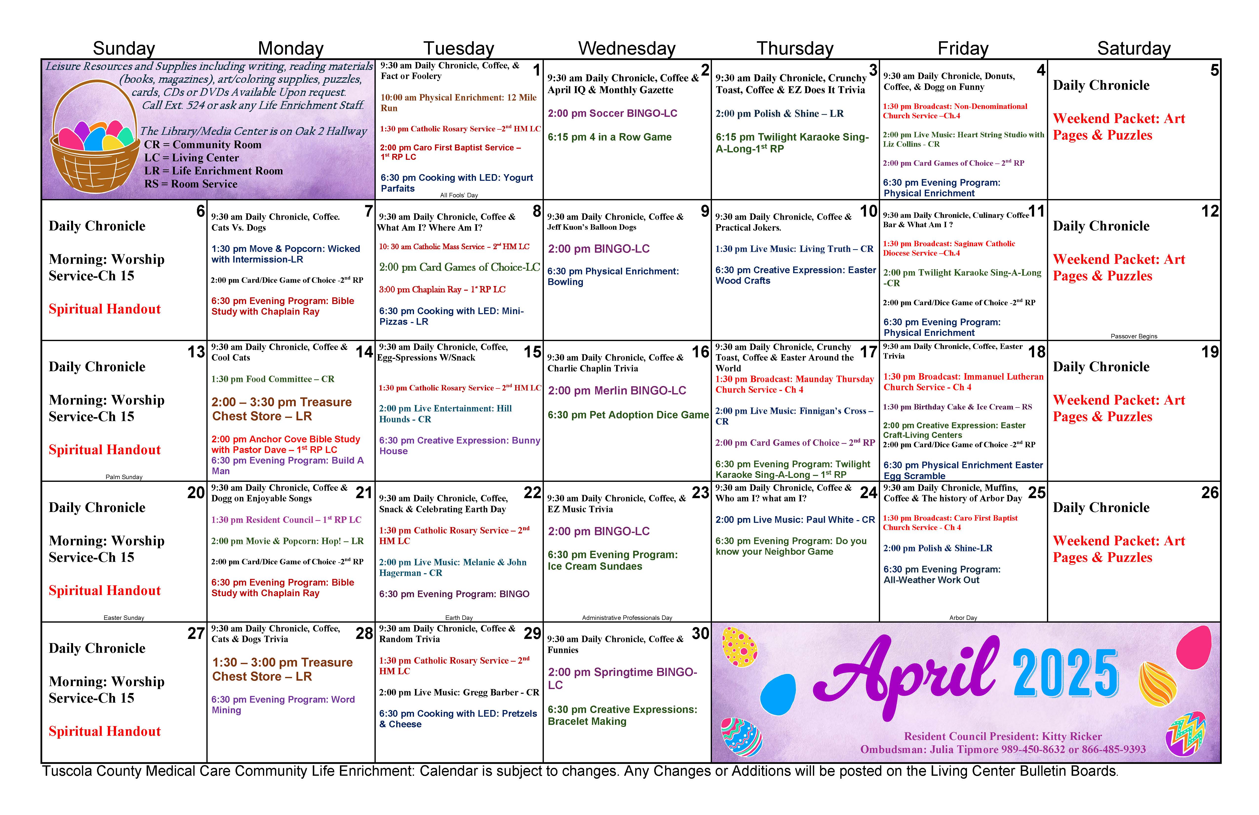 april Activities Calendar