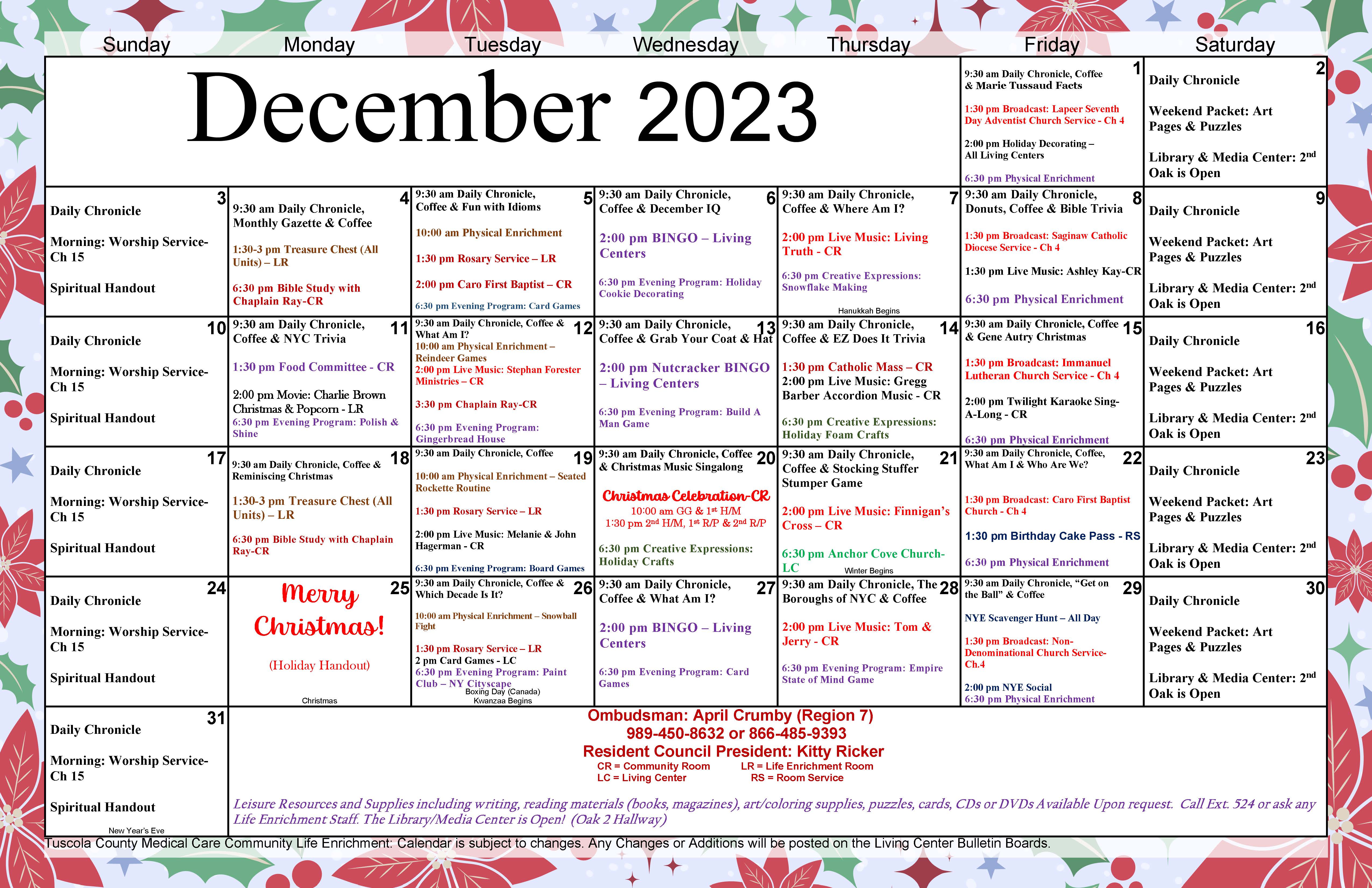 December Activities Calendar